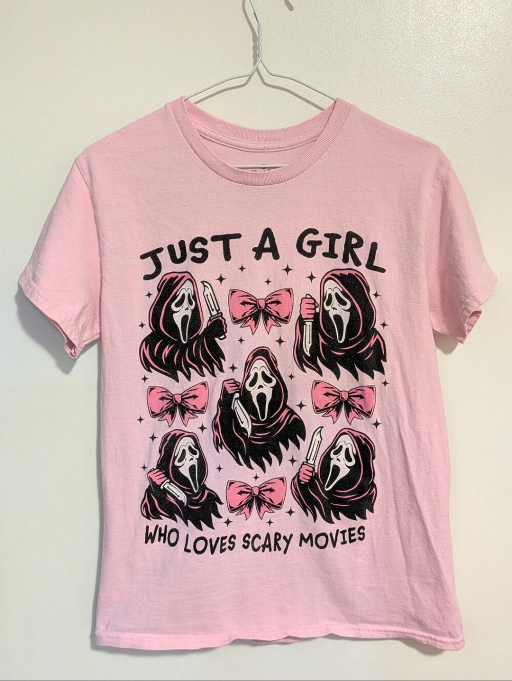 "Just A Girl Who Loves Scary Movies" Pink Graphic Tee Small